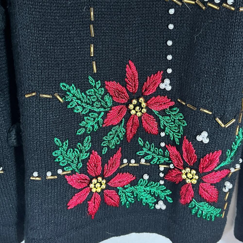 White Stag Button Front Cardigan Sweater Attached Scarf poinsettia Christmas L - Picture 7 of 7